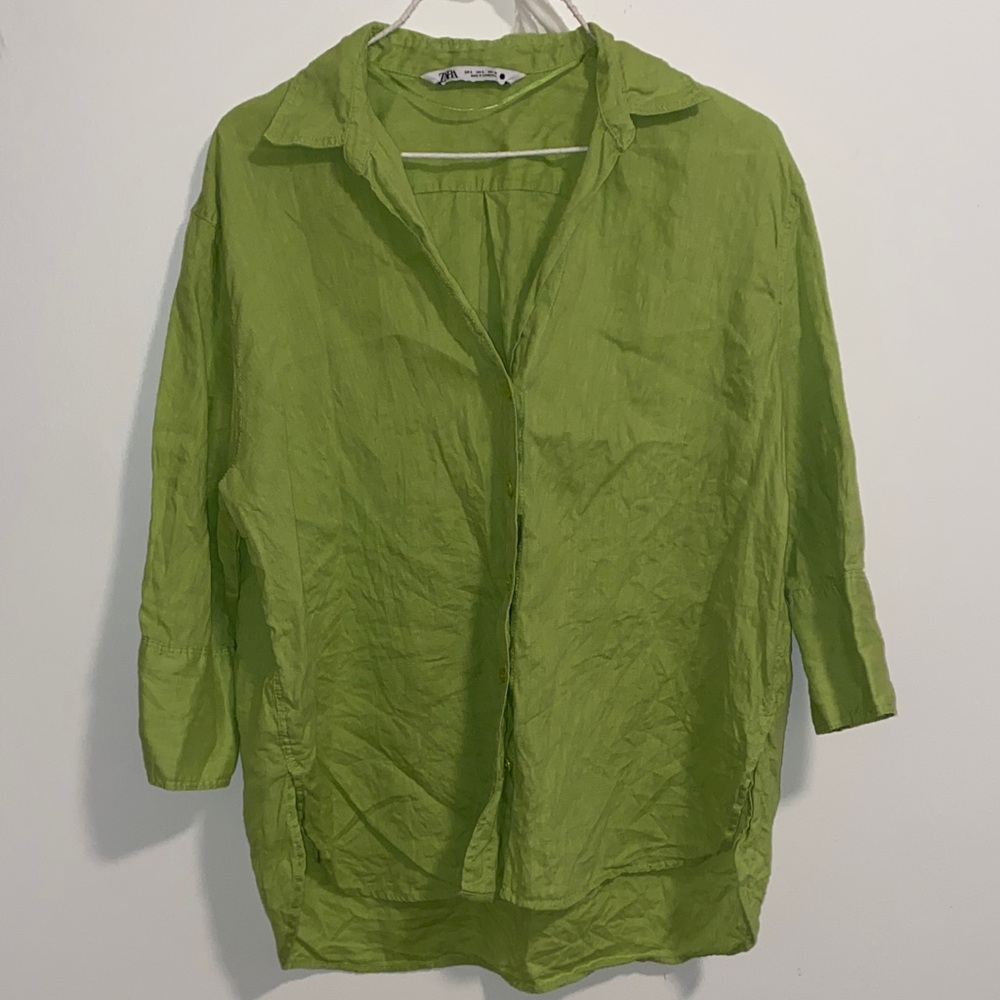ZARA Lime Green Button Down Shirt quarter sleeve